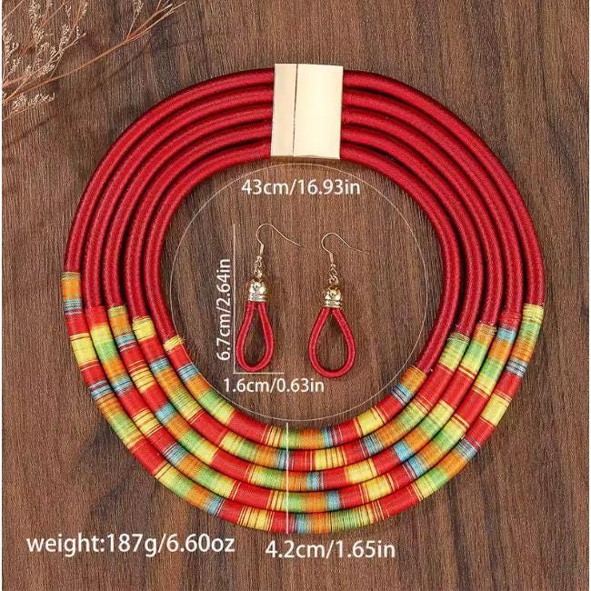African Style Red Multicolor Layered Collar Necklace & Earrings Set – Boho Style