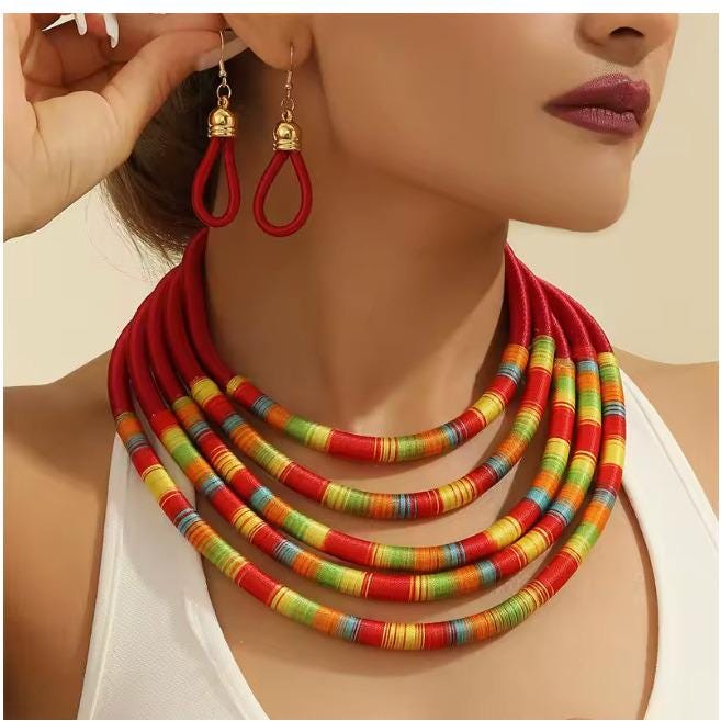African Style Red Multicolor Layered Collar Necklace & Earrings Set – Boho Style