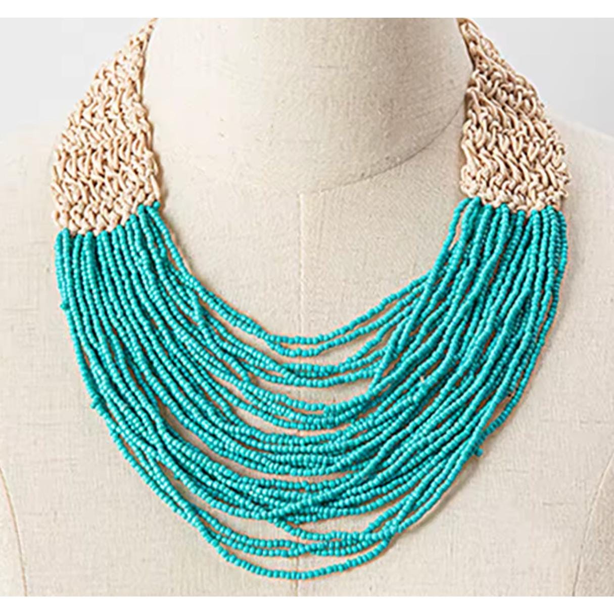 Handmade Boho Beaded Necklace – Turquoise Seed Beads with Woven Natural Cord, Tribal Statement Jewelry
