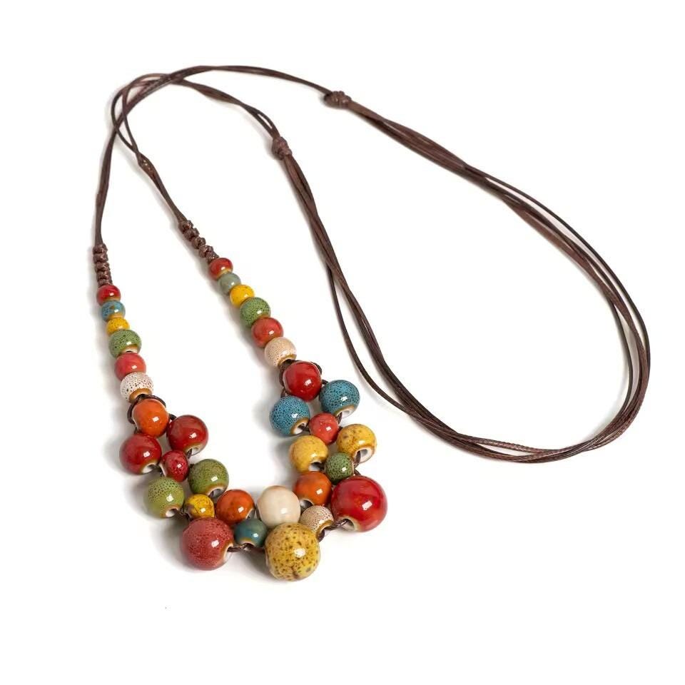 Handmade Colorful Ceramic Bead Necklace – Boho Chunky Statement Jewelry