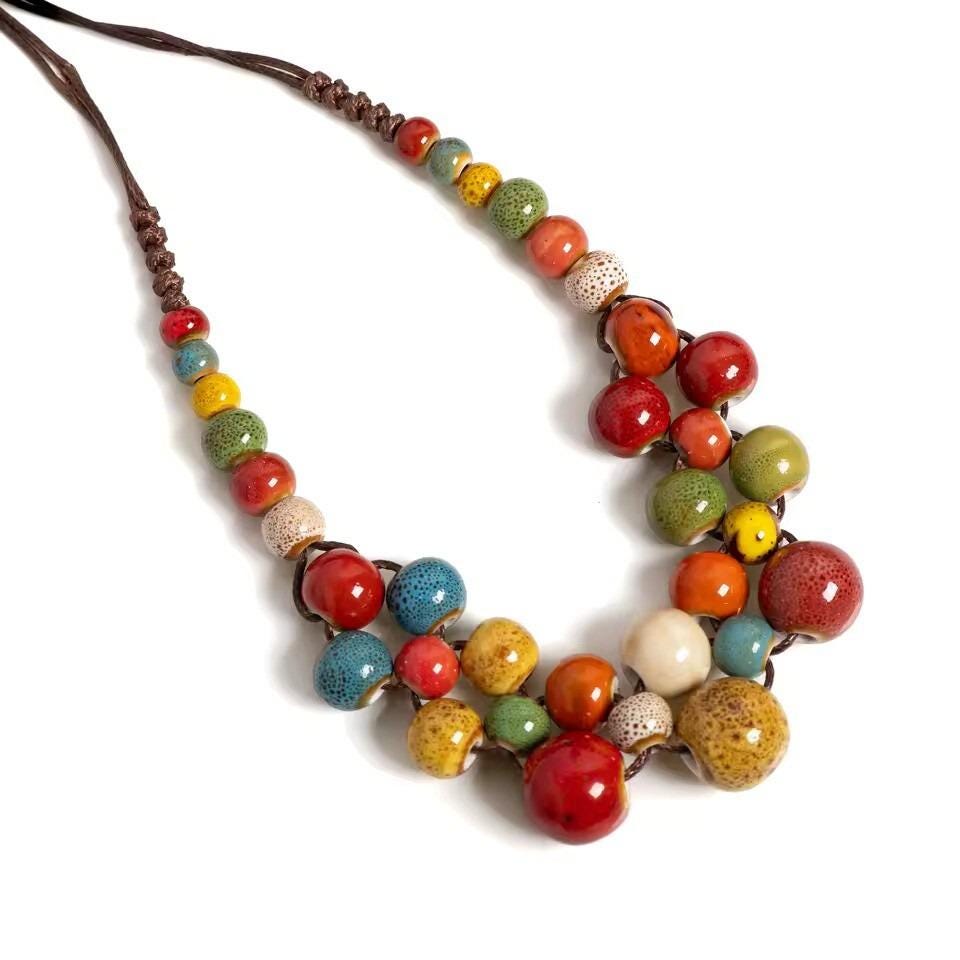 Handmade Colorful Ceramic Bead Necklace – Boho Chunky Statement Jewelry