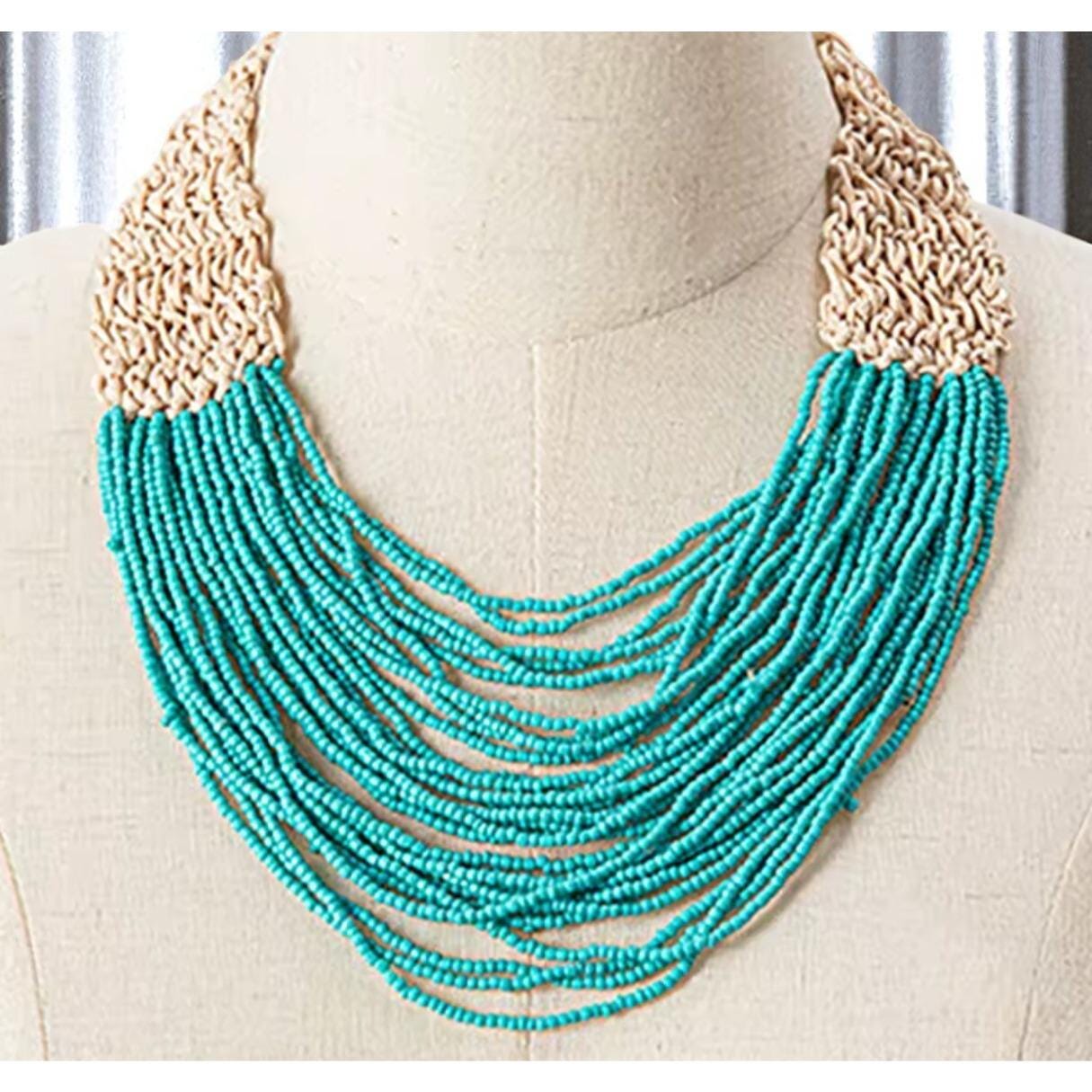 Handmade Boho Beaded Necklace – Turquoise Seed Beads with Woven Natural Cord, Tribal Statement Jewelry