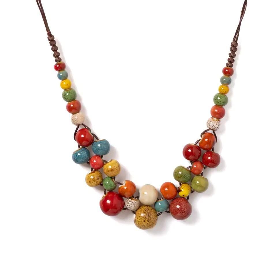 Handmade Colorful Ceramic Bead Necklace – Boho Chunky Statement Jewelry