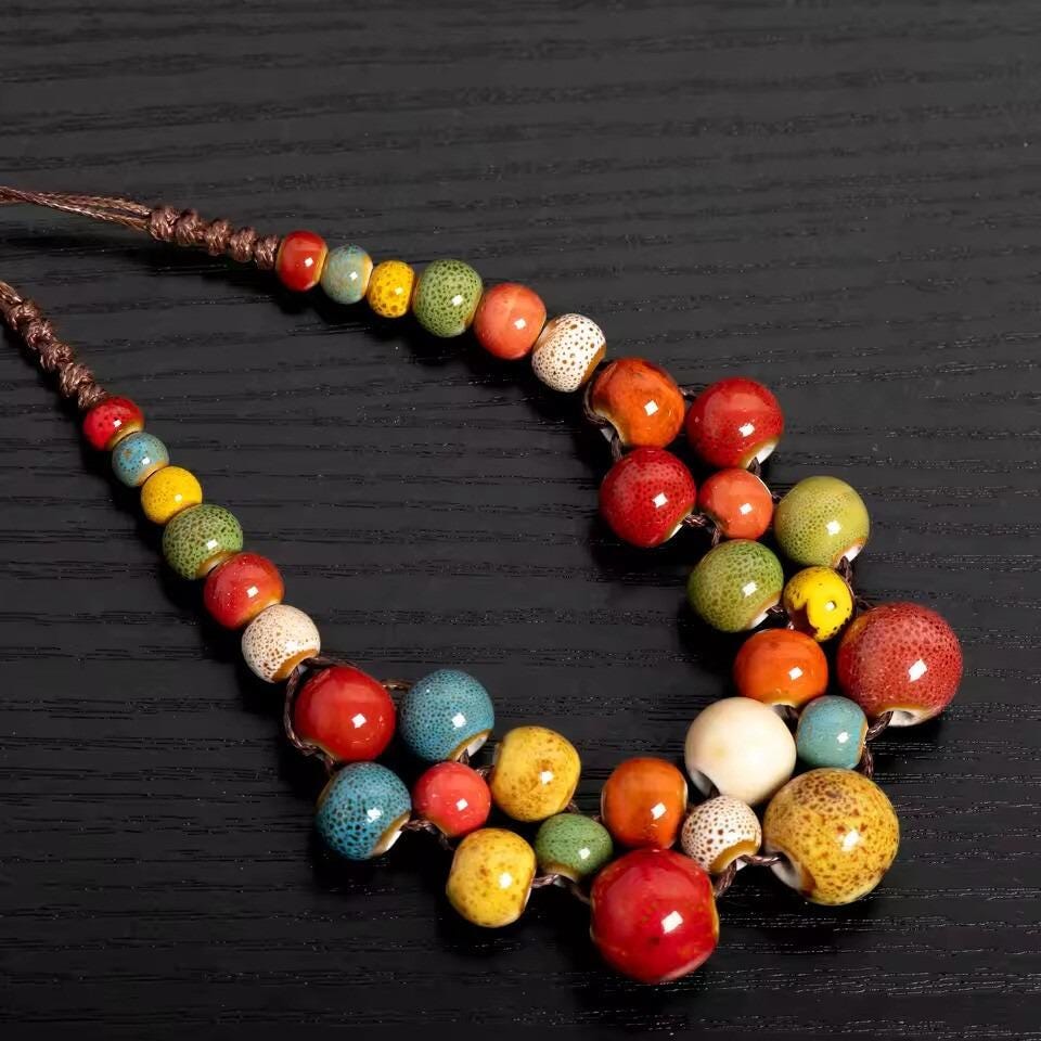 Handmade Colorful Ceramic Bead Necklace – Boho Chunky Statement Jewelry
