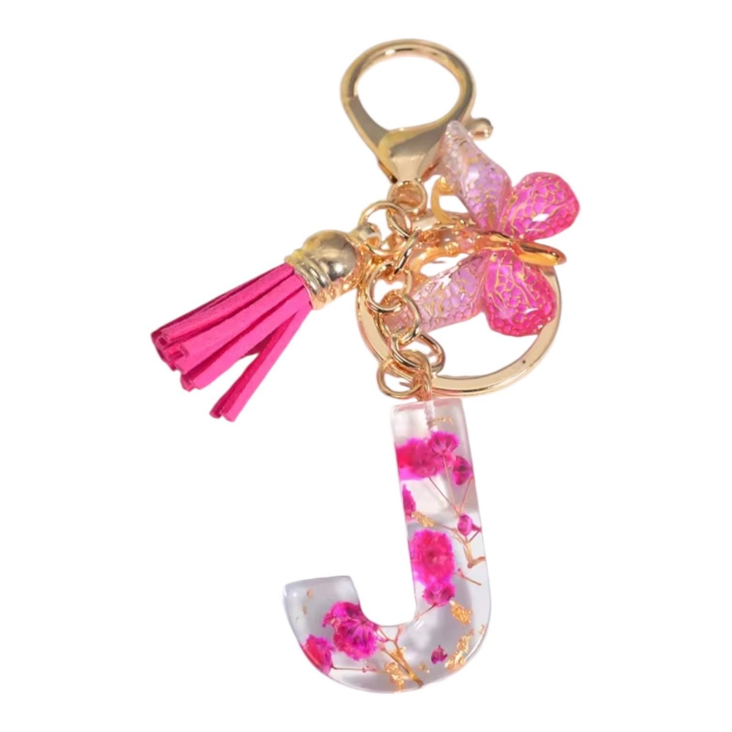 Personalized Pink Resin Flower Keychain – A-Z Initial Keyring with Butterfly & Tassel – Cute Gift
