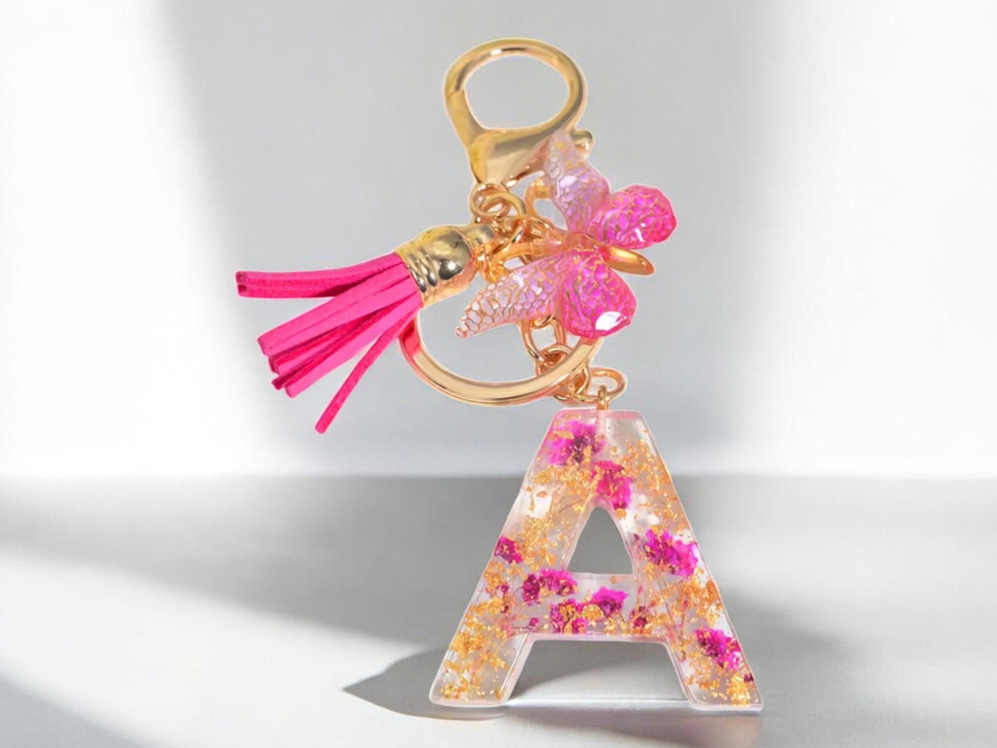 Personalized Pink Resin Flower Keychain – A-Z Initial Keyring with Butterfly & Tassel – Cute Gift