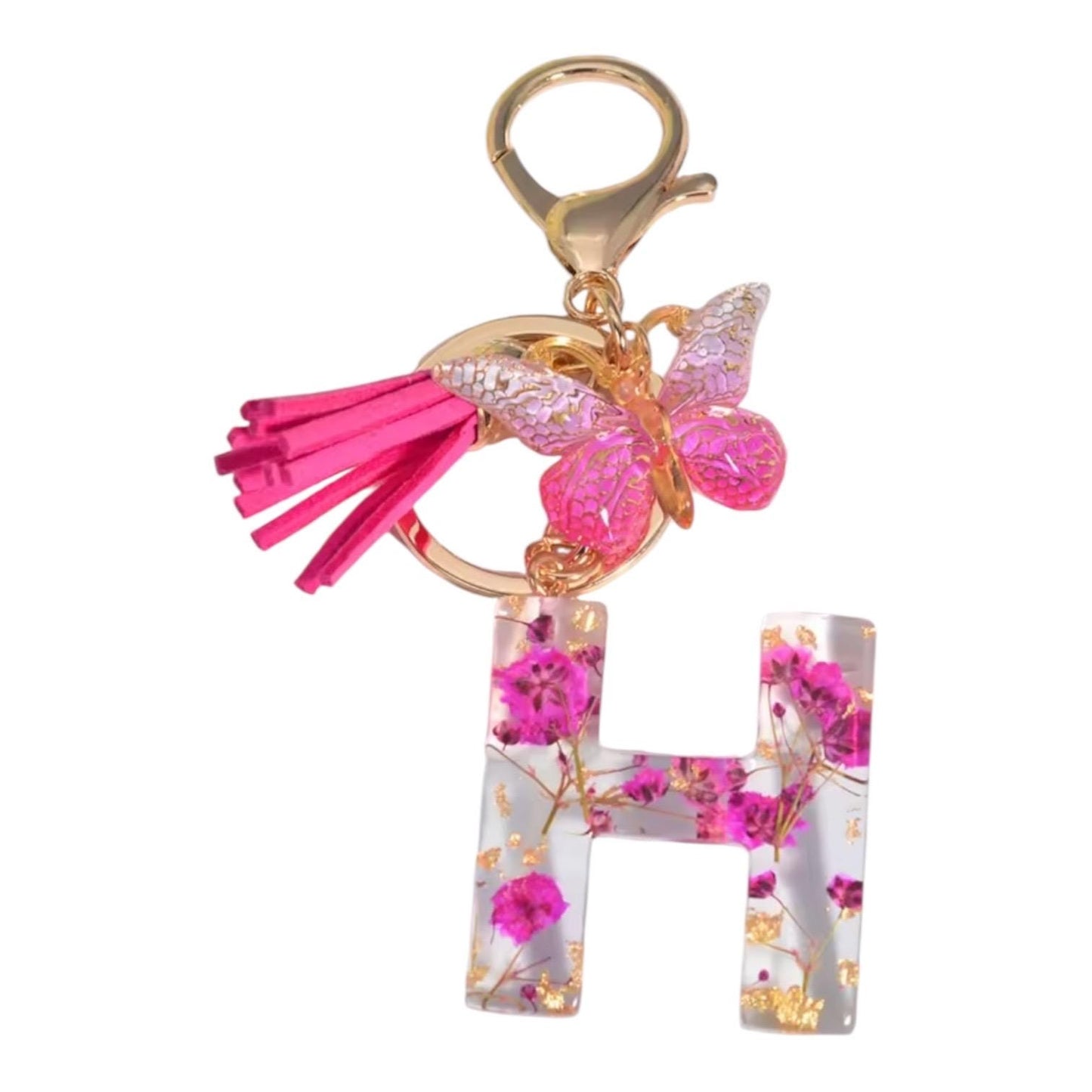 Personalized Pink Resin Flower Keychain – A-Z Initial Keyring with Butterfly & Tassel – Cute Gift