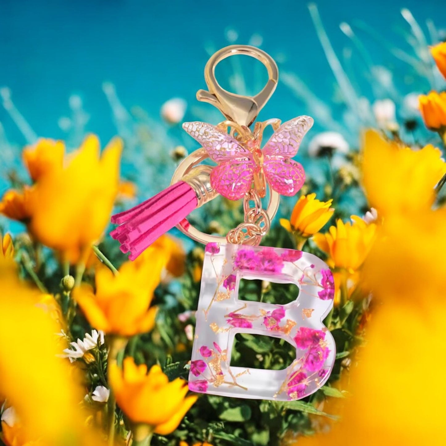Personalized Pink Resin Flower Keychain – A-Z Initial Keyring with Butterfly & Tassel – Cute Gift