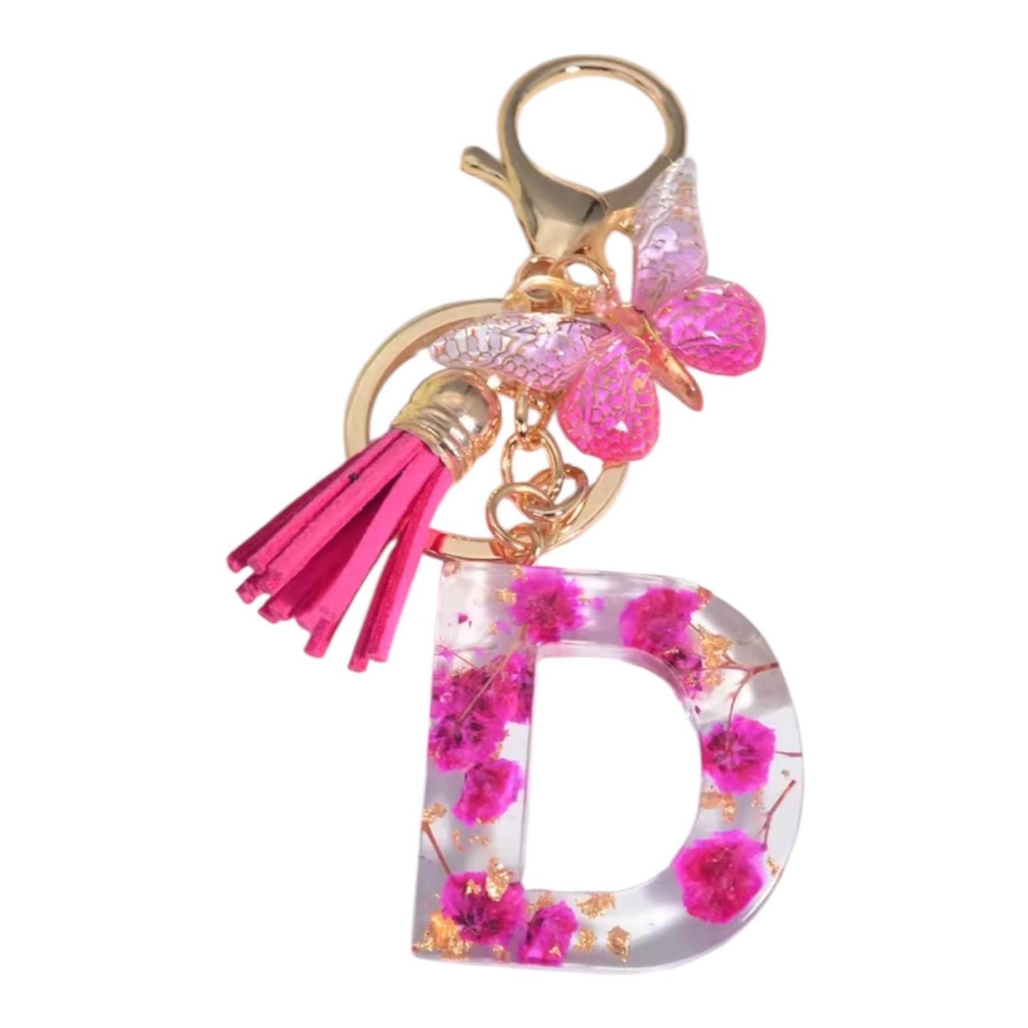 Personalized Pink Resin Flower Keychain – A-Z Initial Keyring with Butterfly & Tassel – Cute Gift