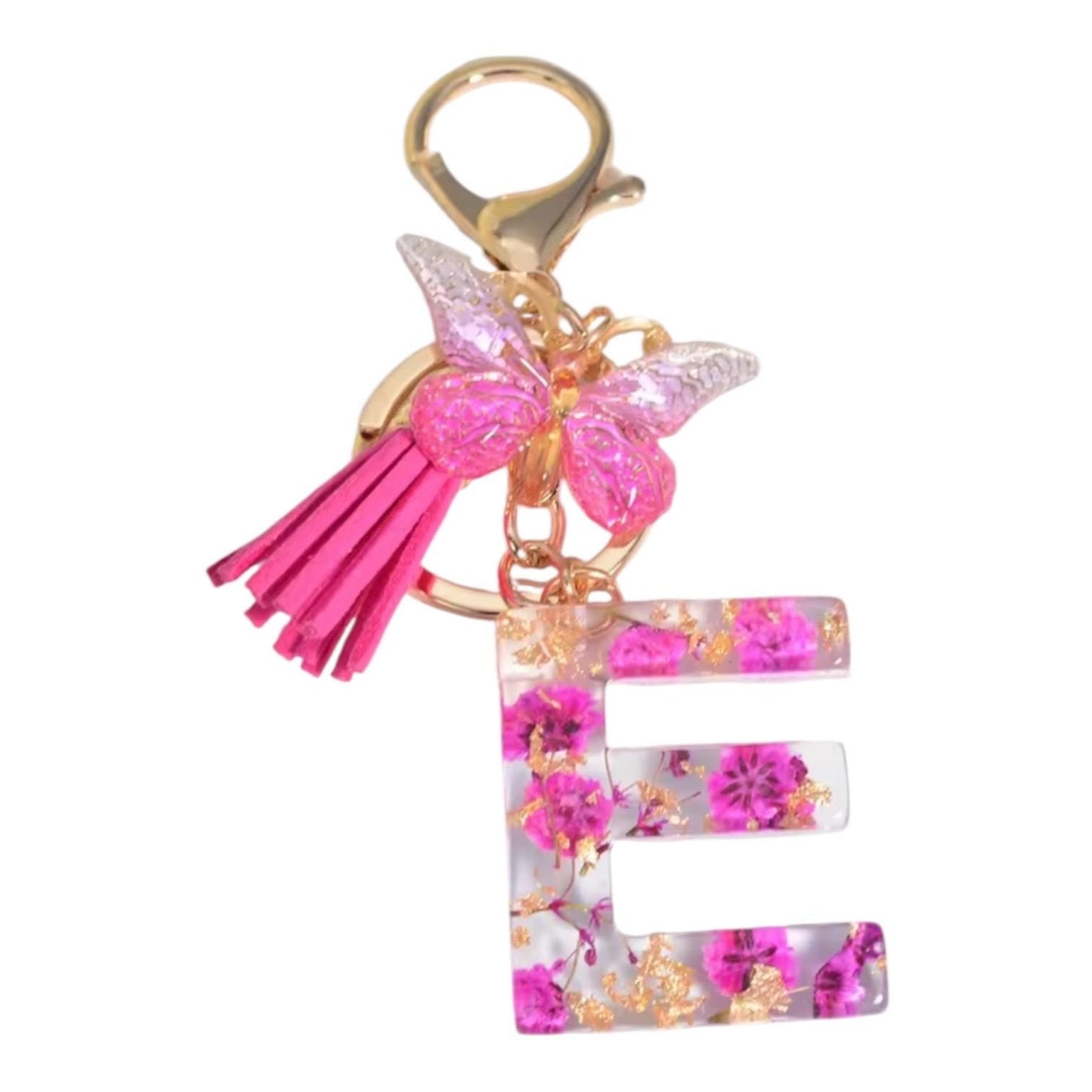 Personalized Pink Resin Flower Keychain – A-Z Initial Keyring with Butterfly & Tassel – Cute Gift