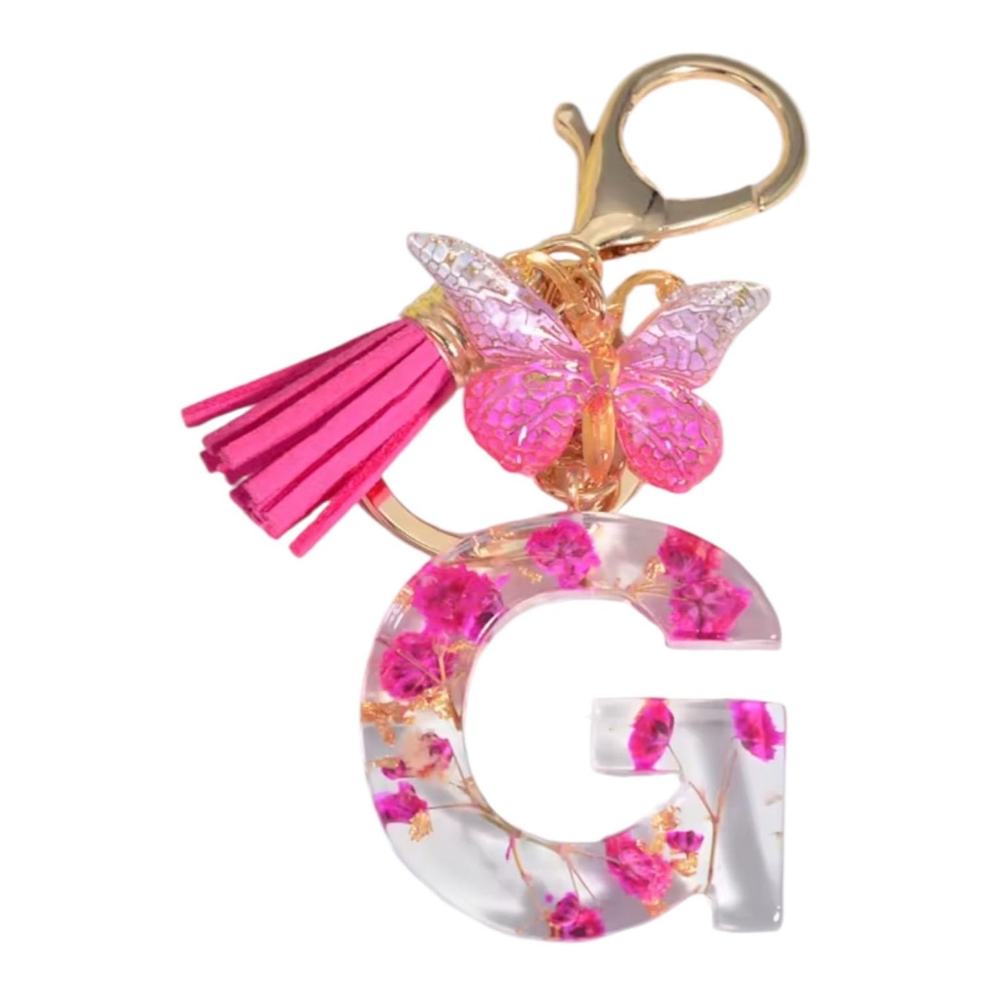 Personalized Pink Resin Flower Keychain – A-Z Initial Keyring with Butterfly & Tassel – Cute Gift