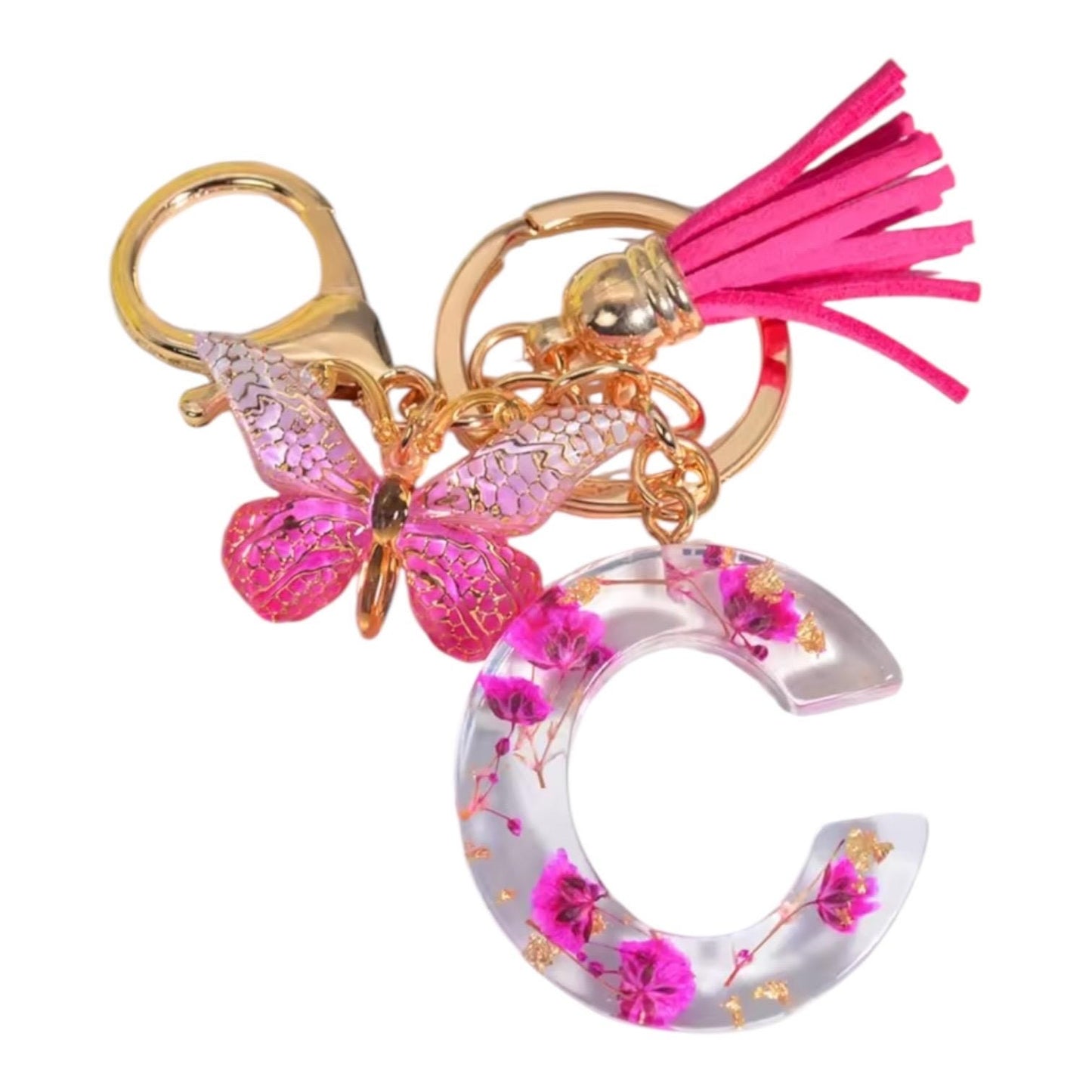 Personalized Pink Resin Flower Keychain – A-Z Initial Keyring with Butterfly & Tassel – Cute Gift