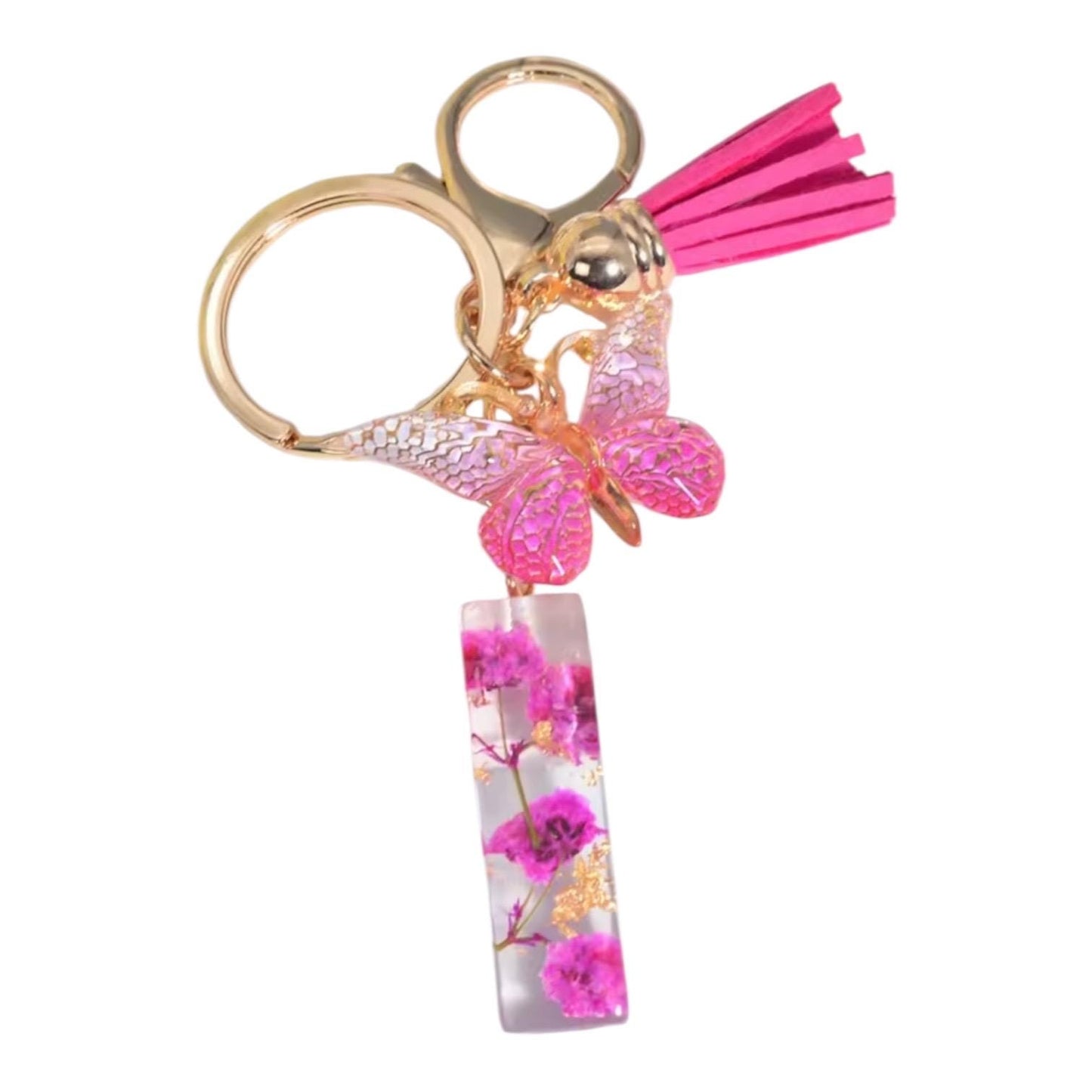 Personalized Pink Resin Flower Keychain – A-Z Initial Keyring with Butterfly & Tassel – Cute Gift