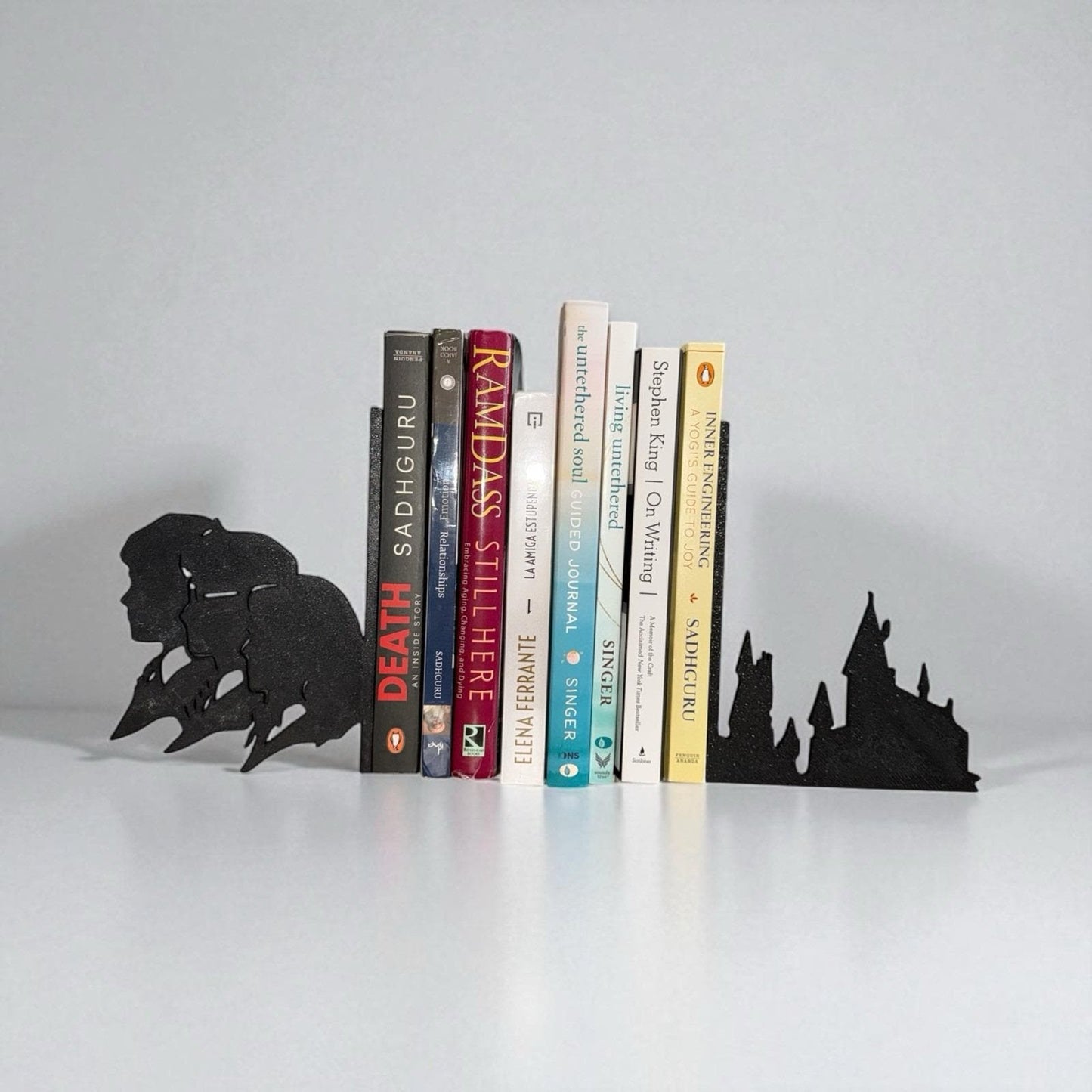Witch School Silhouette Bookend Set – Magical Bookshelf Decor, 3D Printed