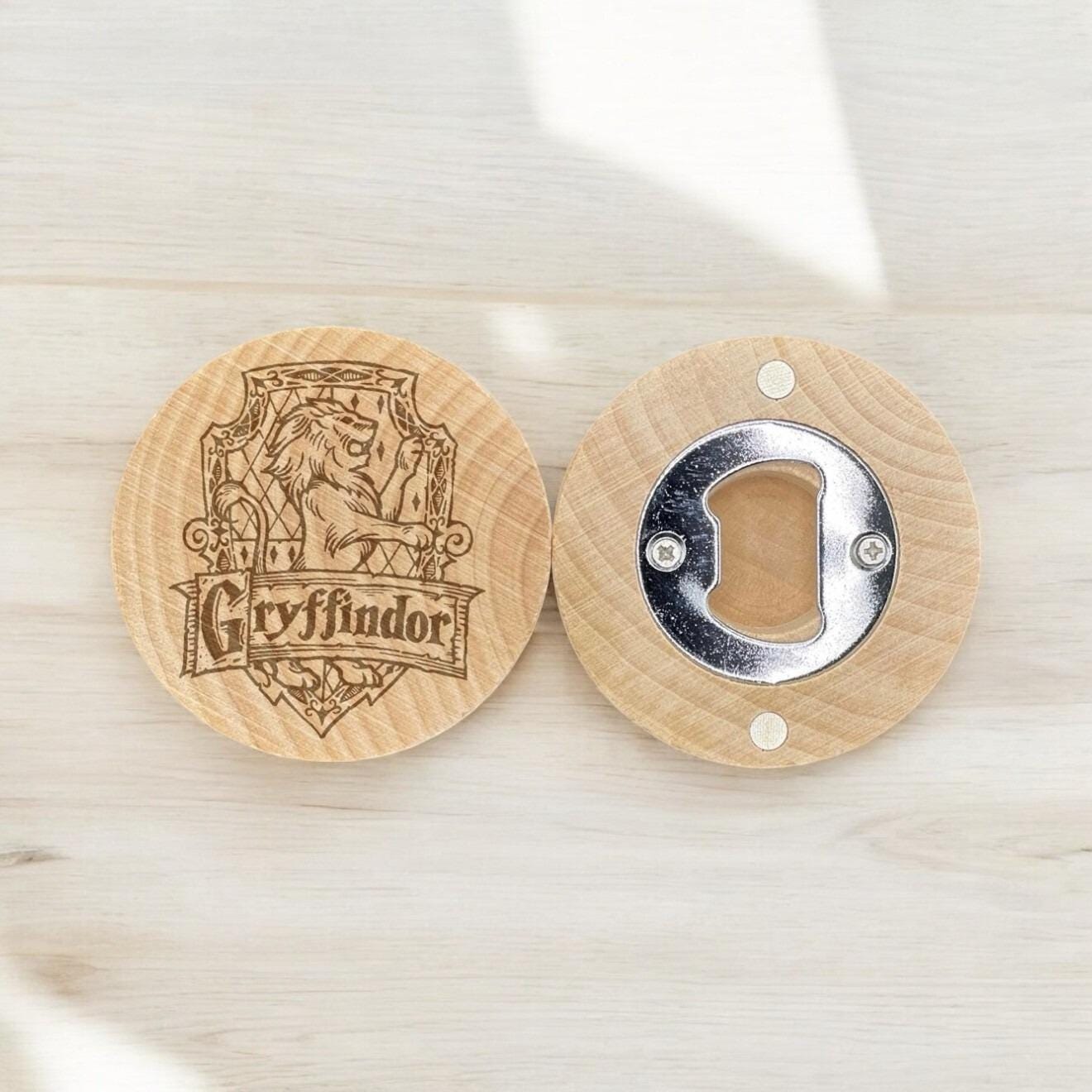 Wooden Magnetic Bottle Opener – Rustic Round Opener with Lion Crest Engraving