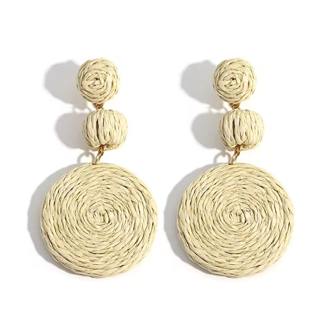 Boho Yellow Raffia Round Drop Earrings for Women Handmade Geometric Rattan Knit Hanging Earrings Summer Beach Jewelry