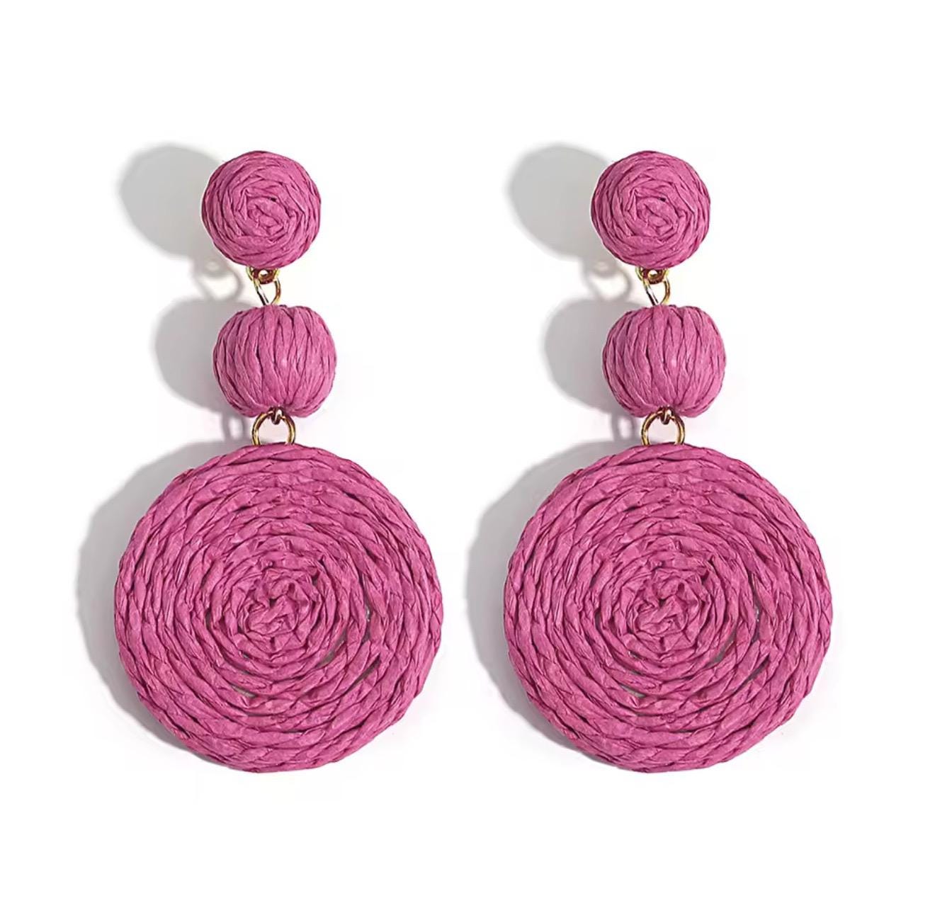 Boho Yellow Raffia Round Drop Earrings for Women Handmade Geometric Rattan Knit Hanging Earrings Summer Beach Jewelry