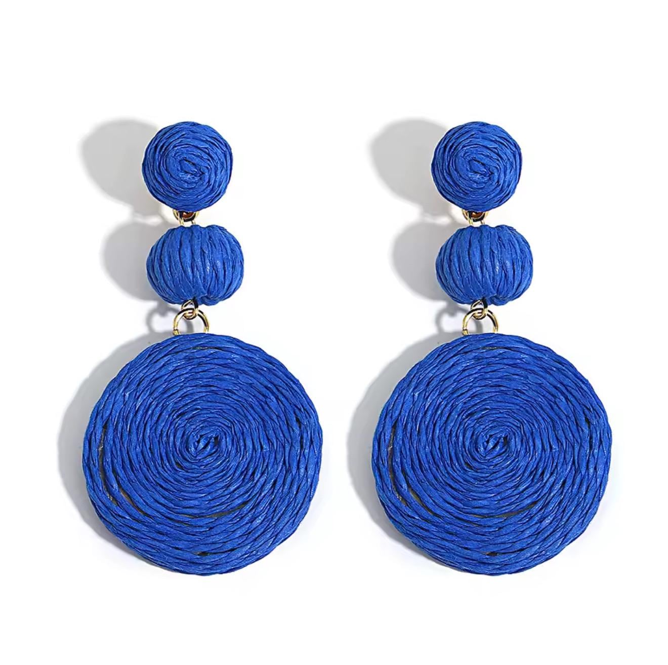 Boho Yellow Raffia Round Drop Earrings for Women Handmade Geometric Rattan Knit Hanging Earrings Summer Beach Jewelry