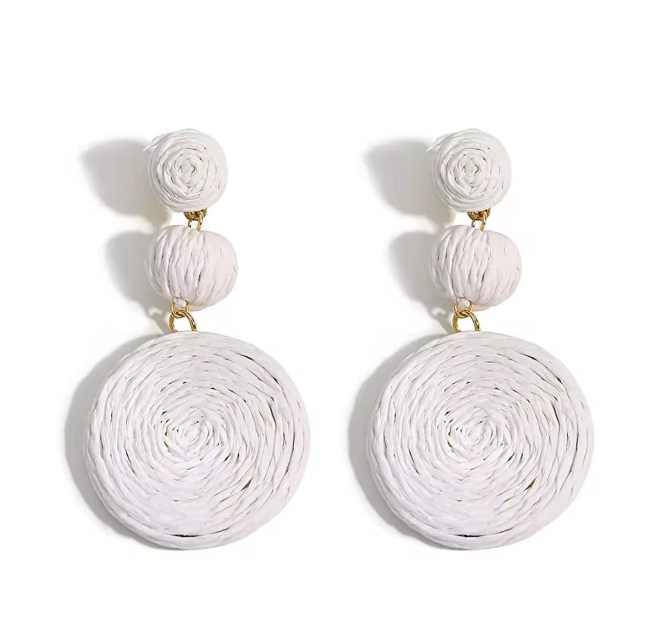 Boho Yellow Raffia Round Drop Earrings for Women Handmade Geometric Rattan Knit Hanging Earrings Summer Beach Jewelry