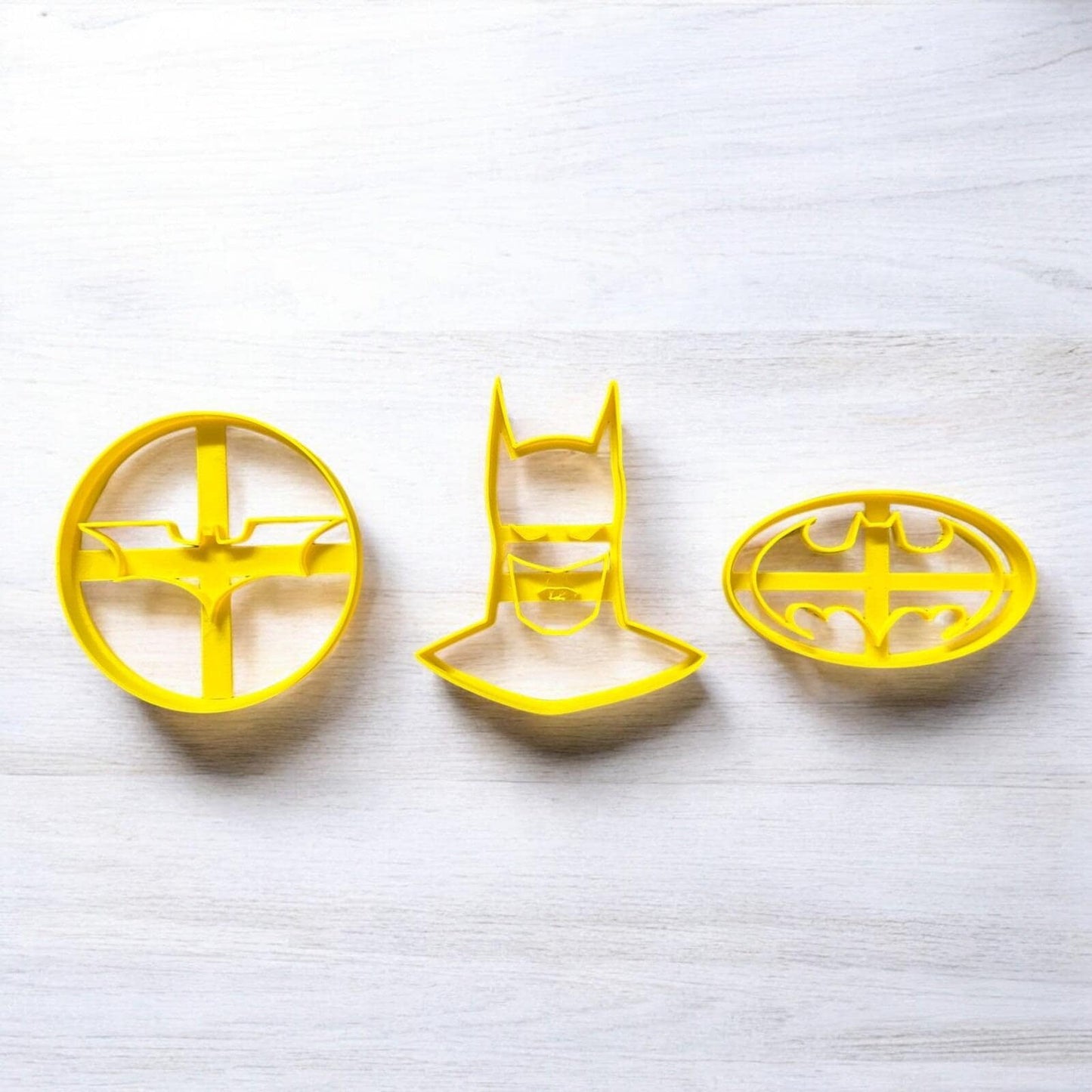 Masked Hero Cookie Cutter Set β 3 Piece Set, Superhero Silhouette & Emblem, 3D Printed, 3.5"