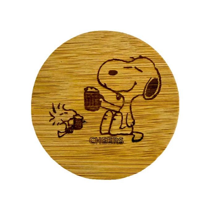Engraved Bamboo Coaster β Dog & Bird Cheers Design for Cartoon Lovers