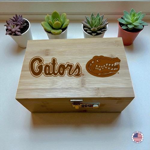College Football Alligator Bamboo Storage Box with Lock & Tray – Wooden Keepsake Organizer
