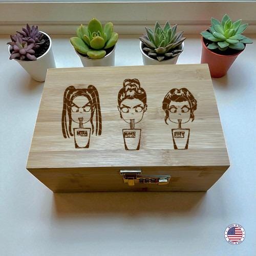 Girls Drinking Boba Bamboo Decorative Storage Box with Lock & Tray – Wooden Keepsake Organi
