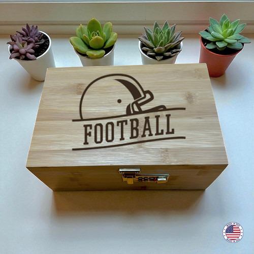 Football Helmet Stash Decorative Storage Box – Bamboo Accessories Organizer with Lock & Tray