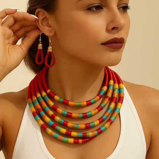 African Style Red Multicolor Layered Collar Necklace & Earrings Set – Boho Style