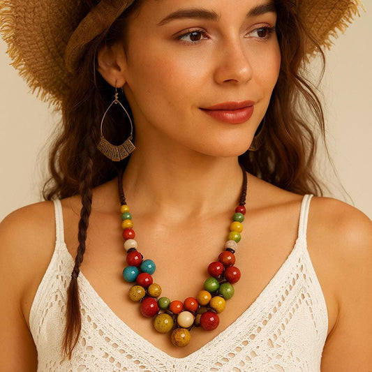 Handmade Colorful Ceramic Bead Necklace – Boho Chunky Statement Jewelry