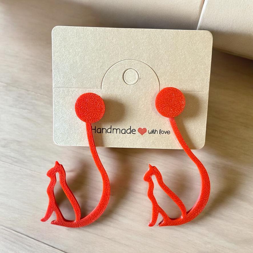 3D Printed Cat Earrings. Handmade Red PLA Statement Jewelry, Lightweight & Eco-Friendly Gift for Cat Lovers
