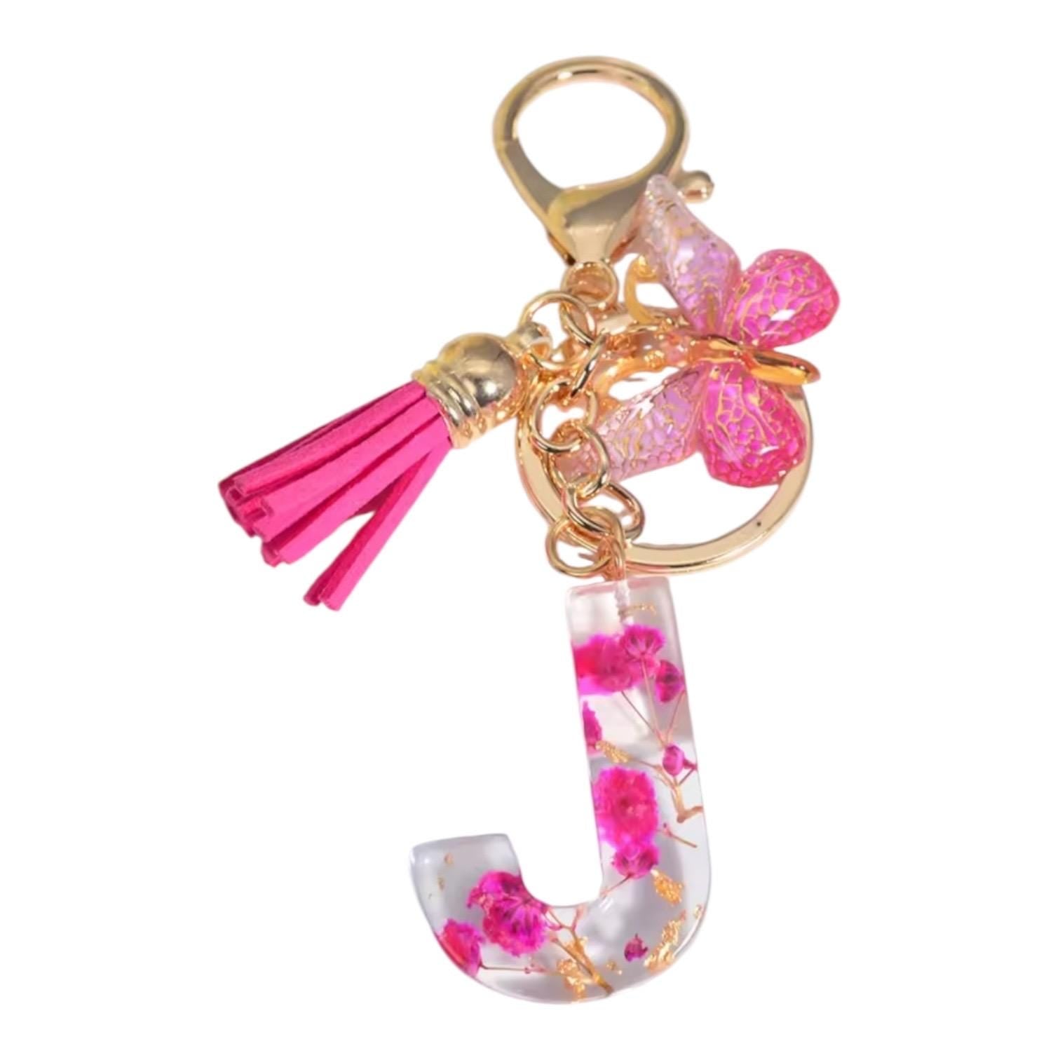 Personalized Pink Resin Flower Keychain – A-Z Initial Keyring with Butterfly & Tassel – Cute Gift