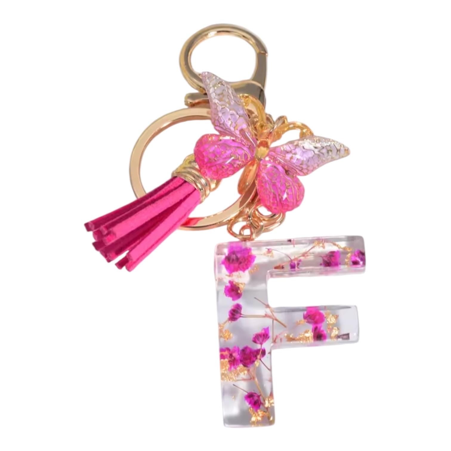 Personalized Pink Resin Flower Keychain – A-Z Initial Keyring with Butterfly & Tassel – Cute Gift