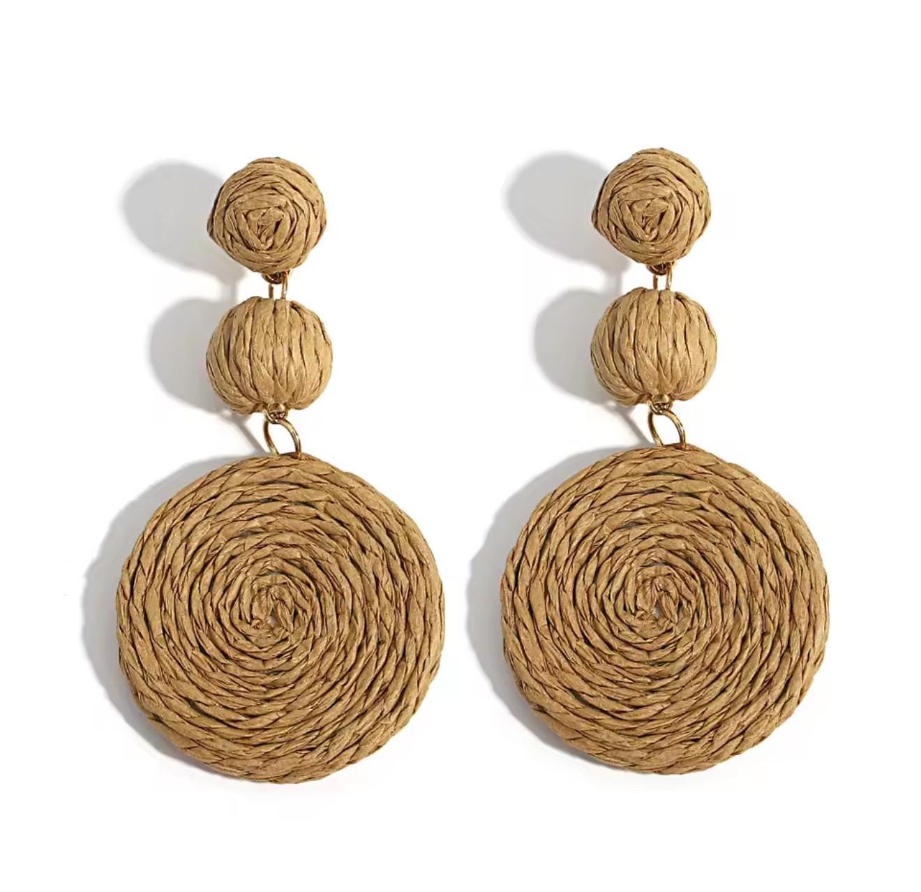 Boho Yellow Raffia Round Drop Earrings for Women Handmade Geometric Rattan Knit Hanging Earrings Summer Beach Jewelry