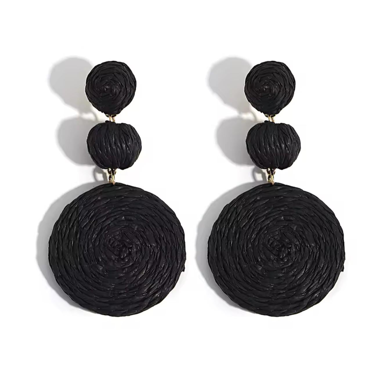 Boho Yellow Raffia Round Drop Earrings for Women Handmade Geometric Rattan Knit Hanging Earrings Summer Beach Jewelry