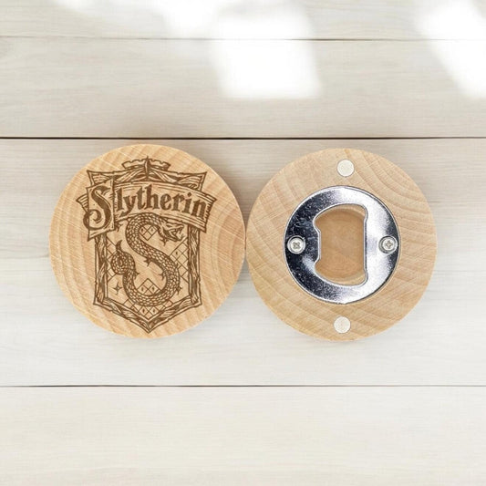 Wooden Bottle Opener – Round Magnetic Opener with Serpent Crest Engraving