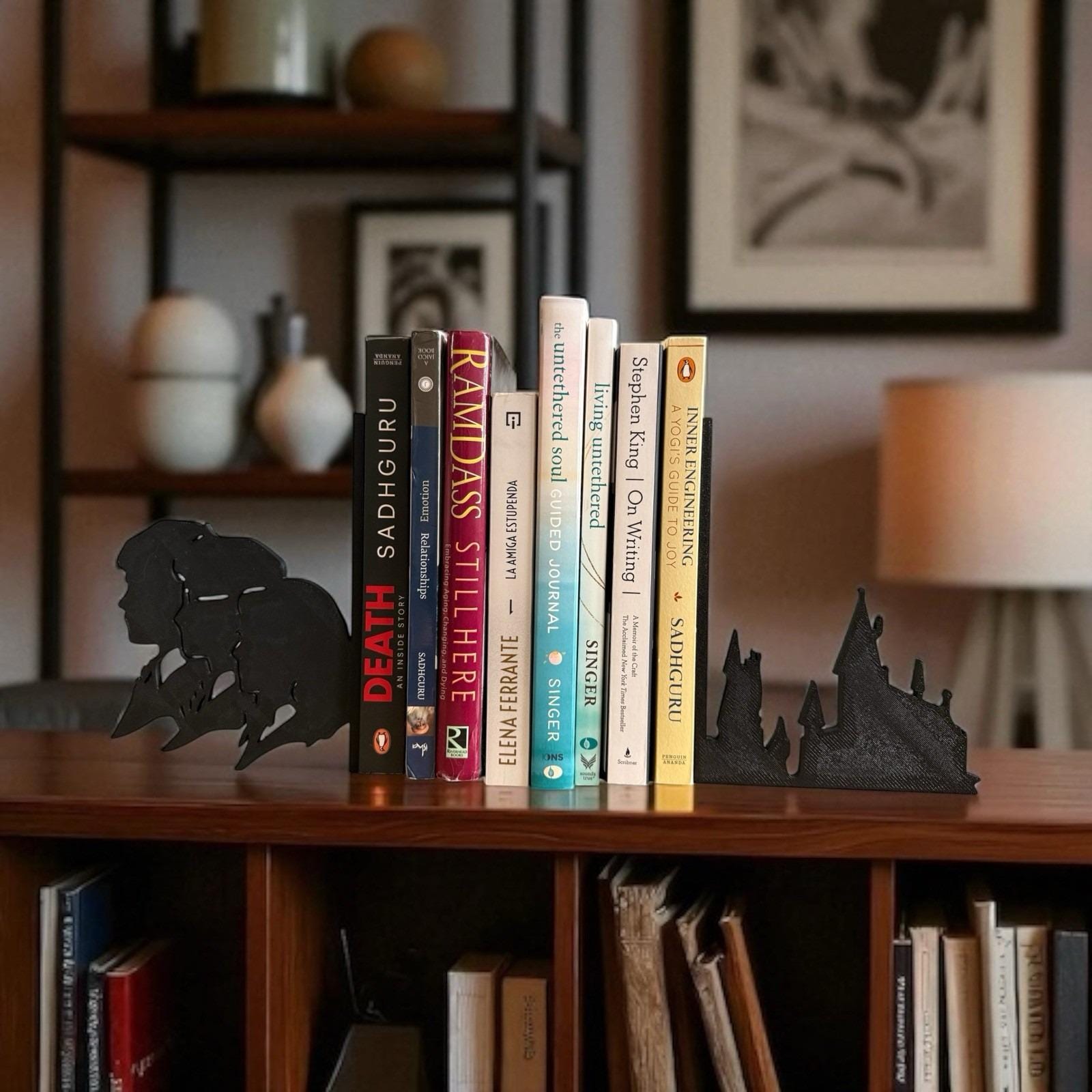Witch School Silhouette Bookend Set – Magical Bookshelf Decor, 3D Printed