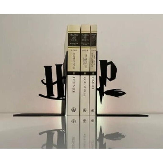 Wizard-Inspired Metal Bookends – Minimalist HP Initials with Flying Broom Design