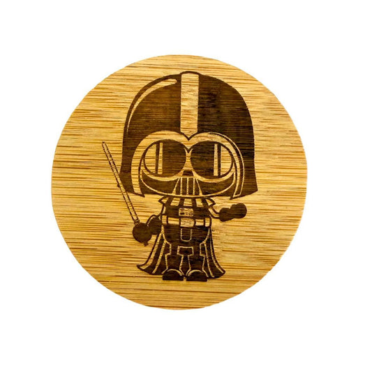 Engraved Bamboo Coaster – Galactic Villain Style with Chibi Helmeted Warrior Design