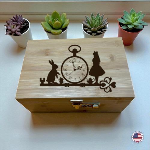 Whimsical Fantasy Cat Bamboo Storage Box with Lock & Tray – Wooden Keepsake Organizer