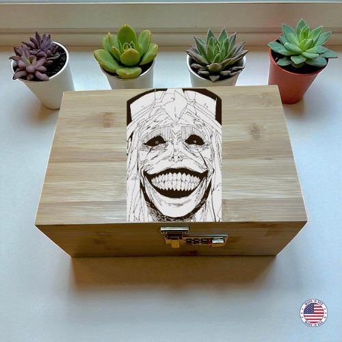 Anime Creepy Smile Bamboo Decorative Storage Box with Combo Lock & Tray – Wooden Keepsake O