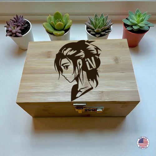 Anime Girl Profile Bamboo Decorative Storage Box with Lock & Tray – Wooden Keepsake