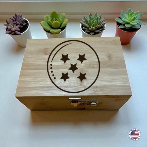 Anime 5-Star Ball Bamboo Storage Box with Lock & Tray – Wooden Keepsake Organizer