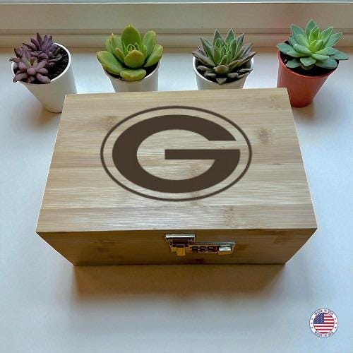 Football Green and Gold Bamboo Storage Box with Combo Lock & Tray – Wooden Keepsake Organizer